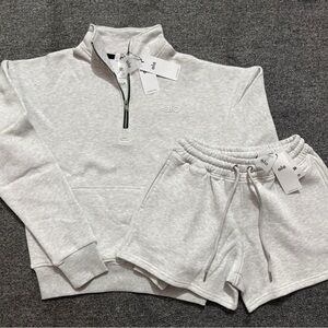 ALO Yoga Light Gray Half-Zip Sweatshirt & Drawstring Shorts Set
